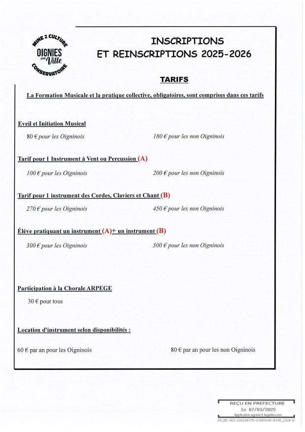 Tarifs du conservatoire 2025 2026